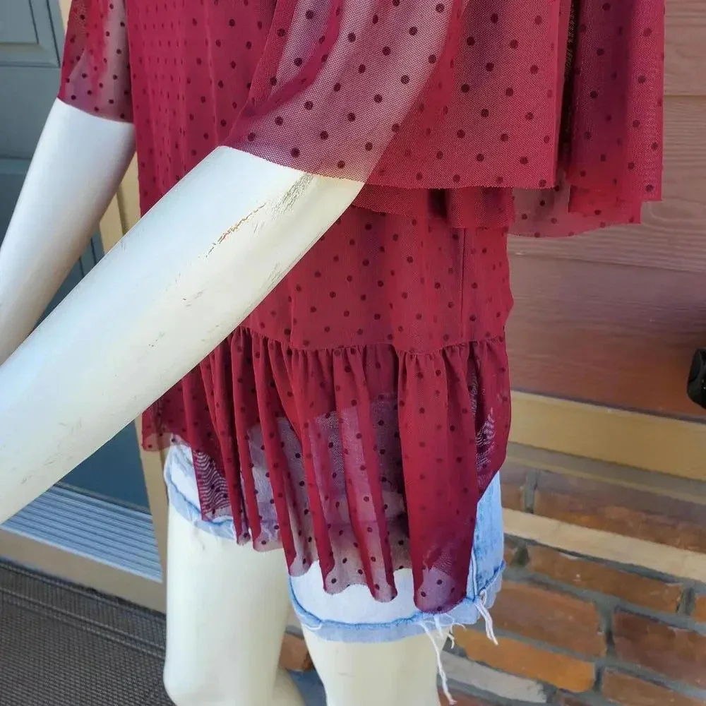 Pleione Sheer Short Sleeve Swiss Dot Blouse - Red - Women's Size Small NWOT